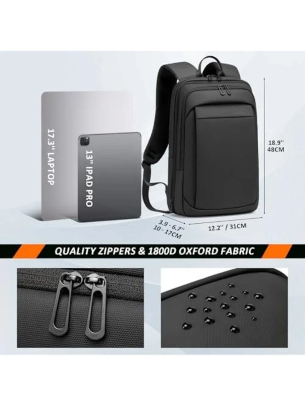 Expandable 17.3 Inch Men's Backpack for Work, Travel, School - Black